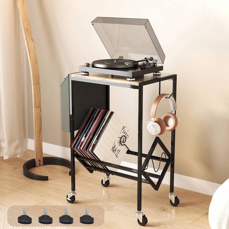 Estantería para CD de estilo retro, mesa auxiliar creativa de acero al carbono para salón, soporte para discos de vinilo, estantería sencilla - Negro + madera - Ver 1