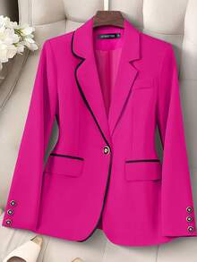 HOMEYEE Vintage Elegant Casual Blazer Jacket With Contrast Color Splicing, Suitable For Business, Work, Plus Size Spring - 玫紅色 - 查看 7