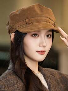 新款贝雷帽，2025秋冬复古海军风帽子，高品质平顶报童帽，韩版女士百搭纯色涤纶帽，适合秋冬季节 - 帽子 - 查看 4