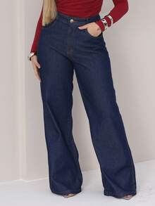 Women's Wide Leg Jeans, Marbled Pattern, Thick Premium Fabric, 100% Denim - 深色水洗藍 - 查看 3