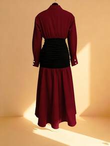 Solid Color Women's Casual Shirt Collar Patchwork Long Dress, Front Button Closure