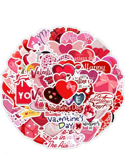 50pcs Heart Shaped Stickers, Valentine's Day Couple Stickers, Waterproof Heart Stickers, Suitable For Laptop, Water Bottle, Guitar, Scrapbook, Phone Case And More, Assorted Heart Patterns