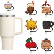 Juego de cubiertas para popotes CuteFood de 7 piezas |   Tapas de Silicona Higiénicas para Popotes |   Compatibles con  &  14–40 oz |   Diseño kawaii reutilizable, BPA - 1 - Ver 2