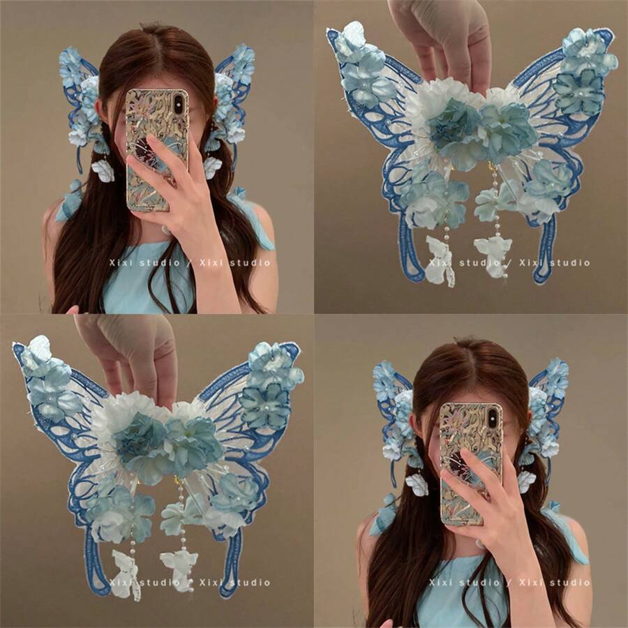 A Large Butterfly Hair Clip With Flowers And Silk Flowers, Side Clip, Super Fairy Fluttering Moth, Sweet Princess Hair Accessory, Ancient Style Hanfu Hair Ornament - 2 - 查看 1