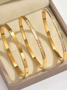 3pcs Set Bracelet, Golden Stainless Steel Bracelet Set Stainless Steel Bracelet Men And Women's Four Seasons Personalized Design Heart Zirconia Bracelet Jewelry Accessories Gifts, Jewelry Gold Jewelry Jewelry Women Bracelets Accessories