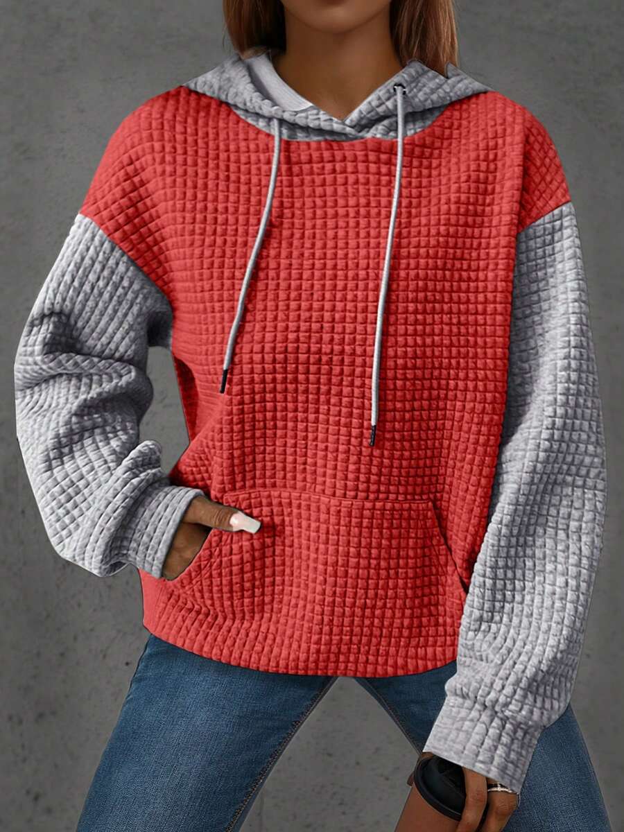 Plus Size Women Solid Color Jacquard Knit Loose Casual Sweatshirt Spring - Red Gray - View 1