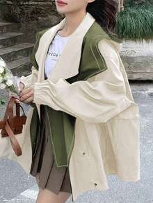 时尚女式梭织面料长袖大衣，有领、拉链和口袋，常规长度设计，秋冬 - 杏色 - 查看 6