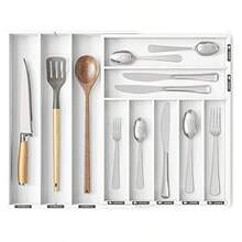 Organizador de cajón de cubiertos de bambú TFKI con etiquetas, organizador expandible de bandejas para utensilios de cocina, organizador de almacenamiento de cubiertos, tenedores y cuchillos, 10 ranuras, color blanco - Blanco - Ver 1