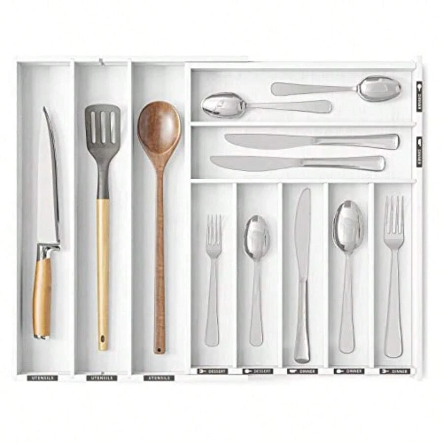 Organizador de cajón de cubiertos de bambú TFKI con etiquetas, organizador expandible de bandejas para utensilios de cocina, organizador de almacenamiento de cubiertos, tenedores y cuchillos, 10 ranuras, color blanco - Blanco - Ver 1