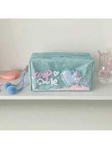 1个甜美少女闪亮粉色爱心化妆包 学生高级美妆文具笔袋 便携式洗手间收纳袋 - 彩色 - 查看 17