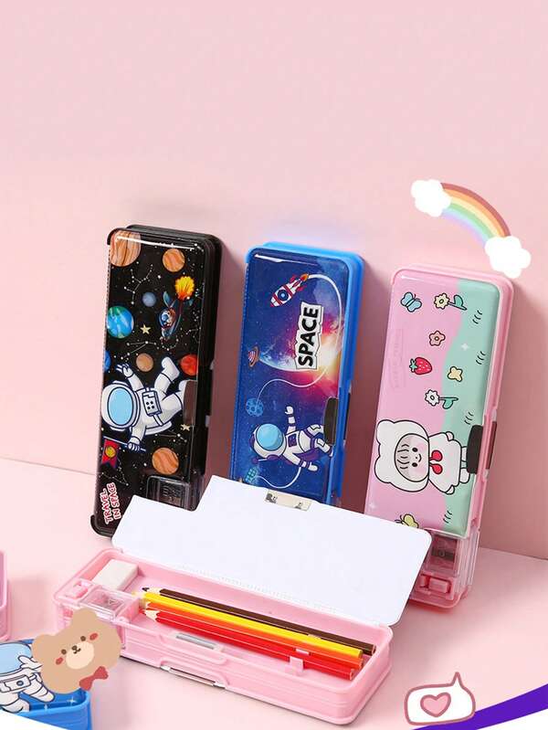 Cartoon Astronaut Space Pattern Pencil Case, Multifunctional Student Stationery Box With Sharpener, Large Capacity Pen Box, School Supplies
