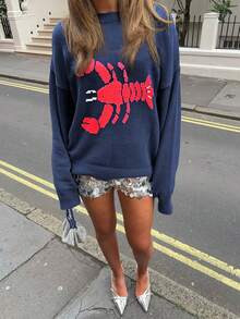 GLOpass Women's Autumn/Winter Casual Commuter Cute Lobster Pattern Relaxed Knit Sweater, Round Neck Pullover Oversized Knitwear Top