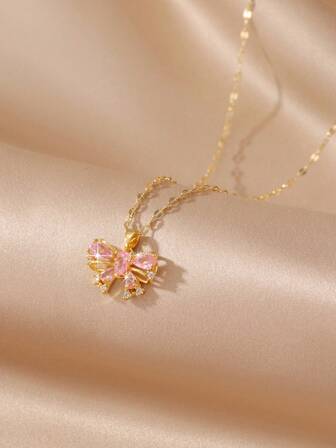 MESTILO 1 pieza Collar minimalista de moda con lazo rosa micro-incrustado de cobre, collar con colgante asimétrico en forma de corazón de acero de titanio súper brillante y versátil para mujer