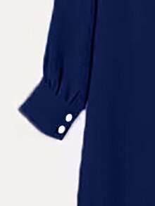 2pcs Women Simple Set, Including One Button Decor Round Neck Belted Top And Wide Leg Pants, Non-Stretch Fabric - Navy Blue - View 4