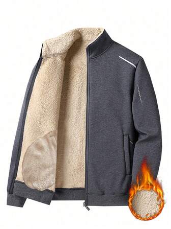 Men's Outdoor Casual Jacket, Thermal Lined Thickened Crew Neck Sherpa Jacket,Fleece,Winter