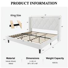 SHA CERLIN Full/Queen/King Velvet Upholstered Bed Frame With Charging Station, Modern Wingback Storage Headboard, Diamond Stitched & Gold Trim, No Box Spring Needed, Easy Assembly, White - Xem 11