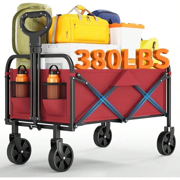 Heavy-Duty Collapsible Wagon Cart, Foldable Utility Cart With Extra Large Capacity And Drink Holders For Shopping, Camping, Grocery, Sports