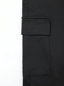 VIVINA 女士纯色口袋工装高腰休闲百搭简约设计长裤，秋冬款，黑色 - 黑色 - 查看 9