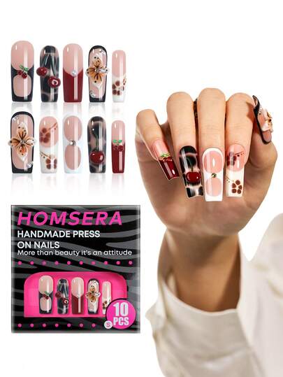 10Pcs Y2K Leopard Print Long Square Handmade Acrylic Press On Nails, DIY Black And Brown Nail Art With 3D Cherry/Flower Decorations, Suitable For Nail Salons, Girls And Women Nail Supplies XXL/XXXL For Daily Wear, Holiday Parties & New Year Gifts