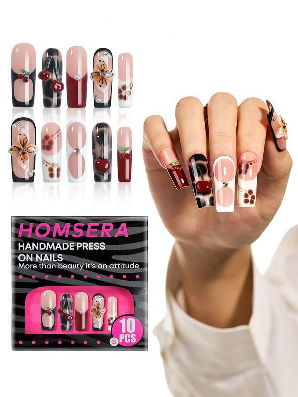 10 piezas Uñas postizas acrílicas cuadradas largas con estampado de leopardo estilo Y2K, hechas a mano. Diseño de arte de uñas DIY en negro y marrón con decoraciones 3D de cerezas/flores. Adecuado para salones de uñas, niñas y mujeres. Tallas XXL/XXXL para uso diario, fiestas y regalos de Año Nuevo
