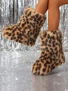 New Winter Warm Plush Artificial Fur Women's Snow Boots - Leopard Pattern Ankle Boots, Soft Lining, Comfortable Slip On Design, Suitable For Outdoor And Indoor Wearing In Cold Weather, Neutral Short Ankle Sexy Leopard Pattern Snow Boots - Solid Color Classic, Ultra Smooth Fur Touching The Ground, Perfect Choice For Christmas And Halloween Gifts, Y2K Style! Y2K Fashionable Men's And Women's Snow Boots - Made Of Synthetic Washed Bear Skin, Silky Ground Touching Fur, Classic Solid Color Tones, Ideal Choice For Christmas And Halloween Party Boots! - Họa tiết da báo - Xem 14