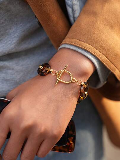 Frminee 1 件复古豹纹玳瑁纹金属女士金色不锈钢粗手链，时尚独特，可叠戴，配有豹纹金属扣，朋克风，适合日常佩戴和派对珠宝礼品。