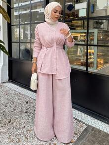 DAZY Women Elegant Asymmetrical Blouse And Wide-Leg Pants Two Pieces Sets Fall/Winter Modest Fashion - Pink - View 7
