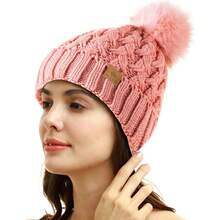 Womens Winter Ribbed Beanie Crossed Cap Chunky Knit Pompom Soft Warm Hat - One Size + Rose Pink - View 3
