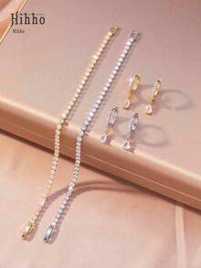 Hihho 3pcs Cubic Zirconia Wedding Jewelry Set, Bridal Cubic Zirconia Tennis Bracelet, Women Jewelry Set