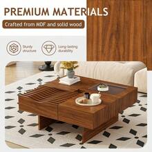 Holiday Coffee Table – 47" Modern Wood Table With Tempered Glass, Fluted Style & Drawers, Ideal For Christmas Living Room - Brown + Solid Wood+MDF+Glass - View 8