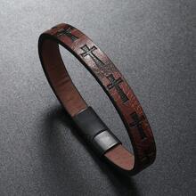 European And American  Alloy Leather Bracelet Men's Printed Cross Bracelet Magnet Buckle Retro Simple Woven Leather Bracelet - 咖啡 - 查看 13