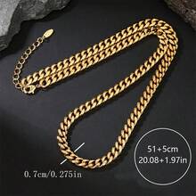 1pc 7mm Solid Copper 18K Gold Plated Cuban Link Chain Necklace With 5cm Extension Chain, Unisex Hip-Hop Style Fashion Necklace - Gold - View 8