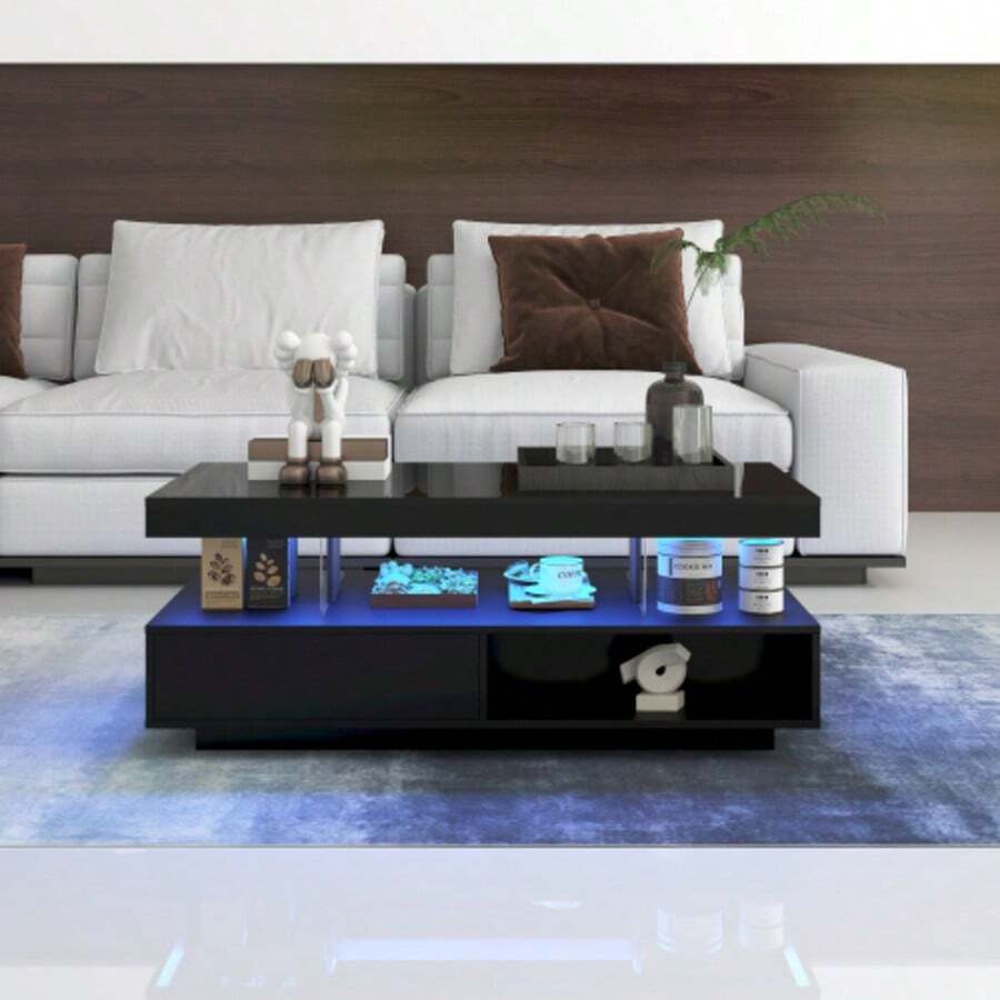 Glossy Black Coffee Table Measuring 95x50x42.5 Cm With 4 Glass Shelves, 2 Drawers And 2 Open Compartments. Low Living Room Furniture. - Black - View 1