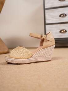 Women's Platform Wedge Sandals, Raffia Woven Open Toe Ankle Strap High Heel Shoes, Fashionable Summer Party & Vacation Heeled Sandals - Yellow - View 7