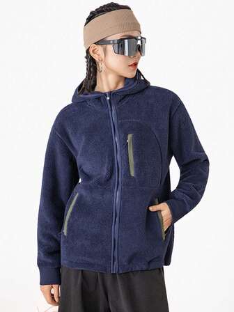 女士抓绒外套，适合跑步、通勤、训练、户外运动、徒步、骑行等，纯色拉链连帽抓绒卫衣，毛绒抓绒休闲运动外套，秋冬季滑雪适用。