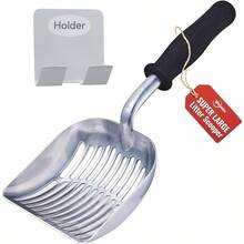 Litter Scooper with Deep Shovel - Non Stick Plated Aluminum Scoop - Designed by Owners - Patented Sifter with Holder - Solid Handle - Black - Mango de espuma + Plateado - Ver 1