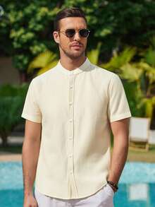 Men's Mandarin Collar Shirt - 杏色 - 查看 1