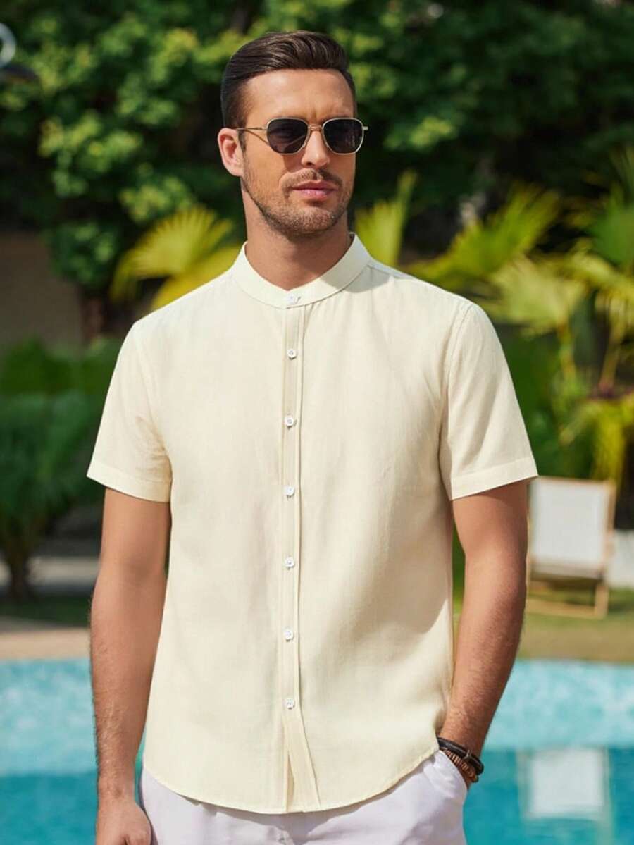 Men's Mandarin Collar Shirt - 杏色 - 查看 1