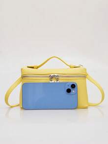 1 件纯色荔枝纹 PU 方形斜挎包，女士小钱包，适合日常时尚搭配