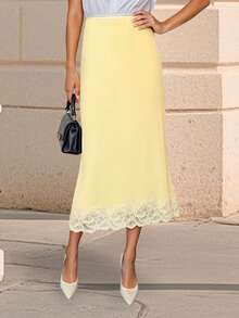 Womens Satin Midi Skirt Stylish Elegant Solid Color Lace Trim Slim Fit Mid Rise Skirt - Yellow - View 2