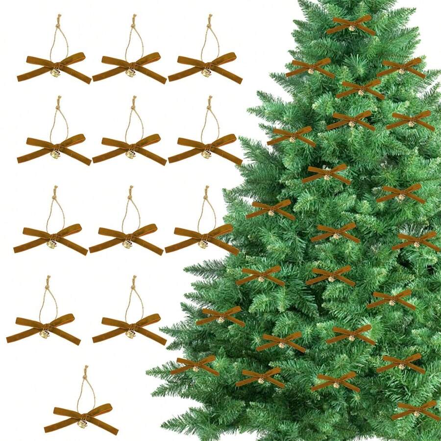 Adornos navideños de terciopelo con forma de lazo, adornos clásicos de campana, elegantes decoraciones colgantes para el hogar - marrón café - Ver 1