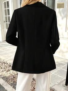 女士纯色冬季西装外套，时尚口袋和翻领设计，宽松版型，适合办公室和日常穿着，女士冬季服装。轻薄外套，也适合春夏季节穿着。黑色 - 黑色 - 查看 3