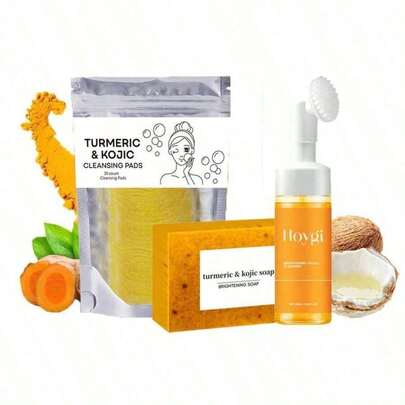Turmeric Facial Cleanser Set (3 Pieces), Turmeric Tablets, Turmeric Cleansing Foam, Turmeric Facial Soap, Skincare Cleanser, Face Towel