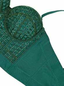 Fashion Beads Tank Top With Bra Boned Crop Top Outerwear - Dark Green - View 6