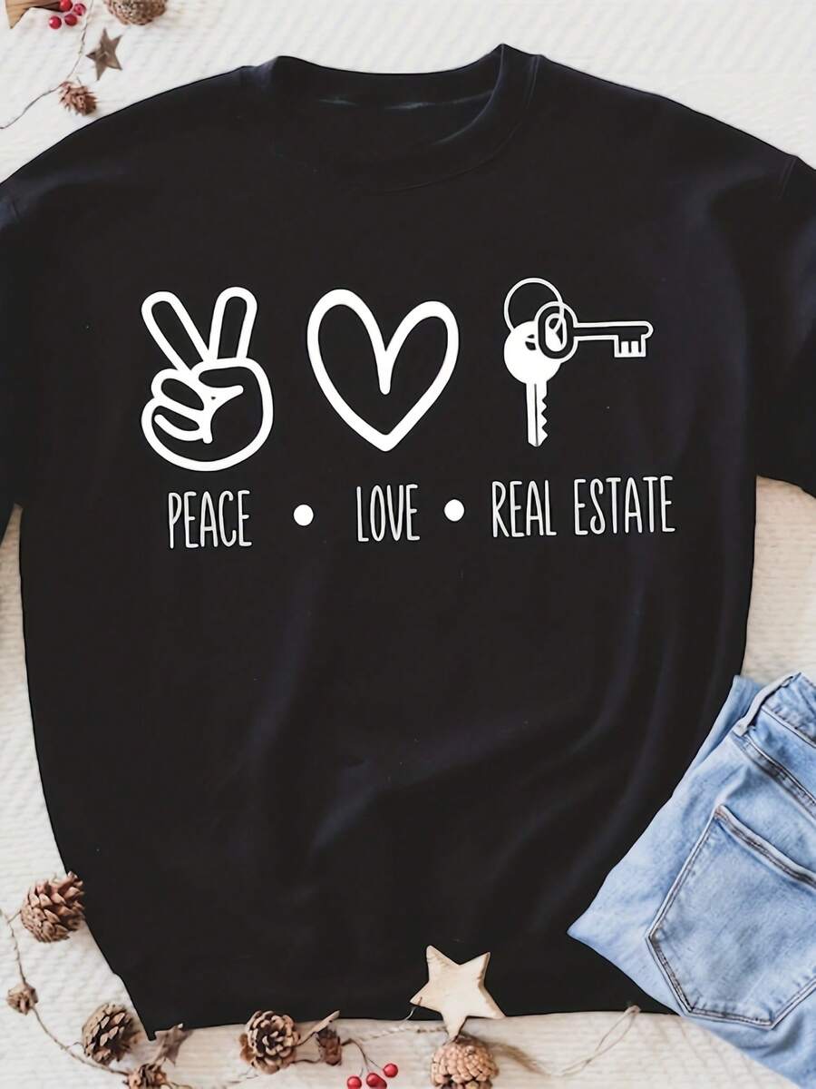 Peace Love Real Estate Sweatshirt, Real Estate Shirt, Realtor Sweatshirt, Real Estate Agent, Real Estate Gift, Licensed To Sell,This Fun Printed Casual T-Shirt Is The Perfect Gift For Valentine's Day/Christmas - 款式27 - 查看 1
