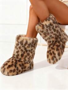 New Winter Warm Plush Artificial Fur Women's Snow Boots - Leopard Pattern Ankle Boots, Soft Lining, Comfortable Slip On Design, Suitable For Outdoor And Indoor Wearing In Cold Weather, Neutral Short Ankle Sexy Leopard Pattern Snow Boots - Solid Color Classic, Ultra Smooth Fur Touching The Ground, Perfect Choice For Christmas And Halloween Gifts, Y2K Style! Y2K Fashionable Men's And Women's Snow Boots - Made Of Synthetic Washed Bear Skin, Silky Ground Touching Fur, Classic Solid Color Tones, Ideal Choice For Christmas And Halloween Party Boots! - Họa tiết da báo - Xem 5