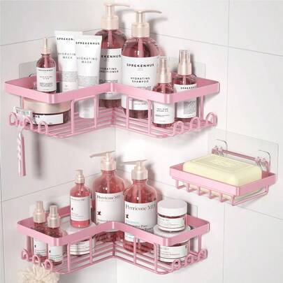 Corner Adhesive Shower Caddy With Soap Holder And 12 Hooks Rustproof Stainless Steel Bathroom Organizer No Drilling Wall Mounted Rack Pink 3Pack