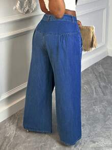 Women's Mid-Rise Solid Light Blue Non-Stretch Wide Leg Jeans - Elegant & Casual For Home Leisure - Dark Wash - View 6