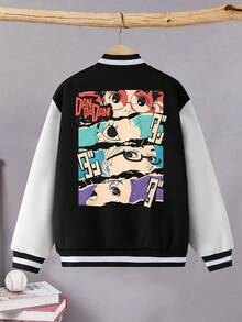 Boys' Fashionable Casual Contrasting Color Baseball Jacket, College Style Jacket, Suitable For Daily And Outdoor Wear, Anime Character Printed Boys' Baseball Jacket, Jacket - 黑色 - 查看 1