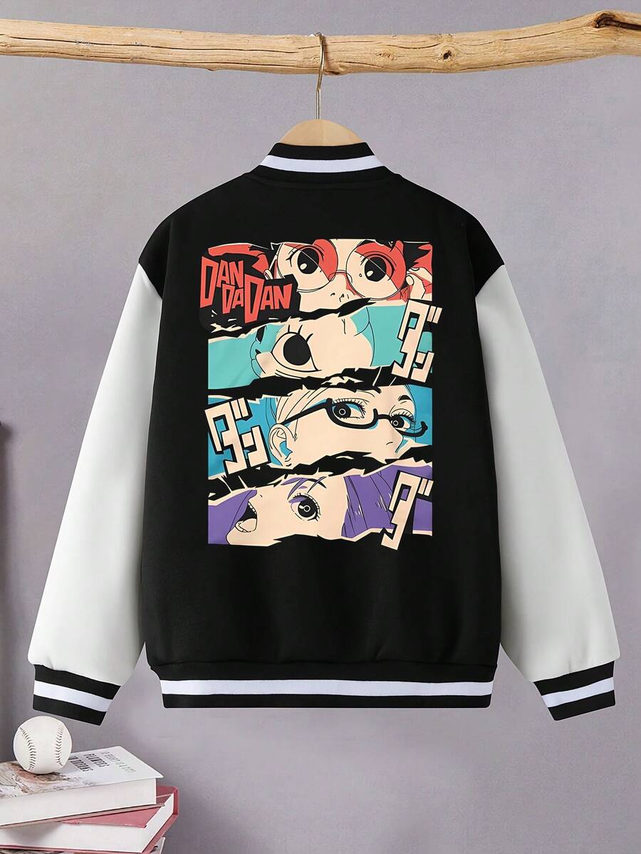 Boys' Fashionable Casual Contrasting Color Baseball Jacket, College Style Jacket, Suitable For Daily And Outdoor Wear, Anime Character Printed Boys' Baseball Jacket, Jacket - 黑色 - 查看 1
